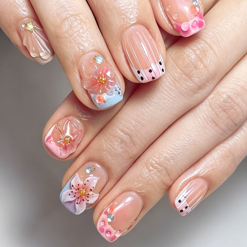Blossom Bliss Short Square Pink with Floral Accents Press On Nail Set
