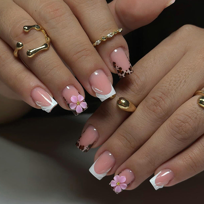 Blossom Beauty Elegant Short Square Pink Floral French Tip Press-On Nail Set