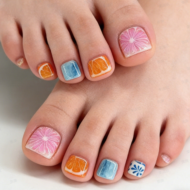 Tropical Vibes Short Square Pastel Floral Press On Toenail Set