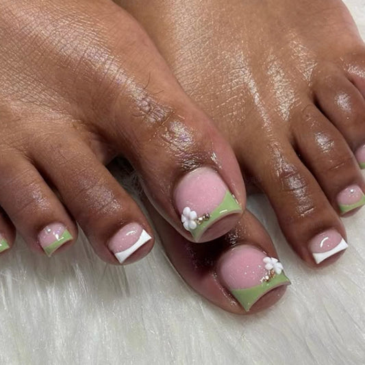 Botanical Bliss Short Square Green with Floral Accents Press On Toenail Set