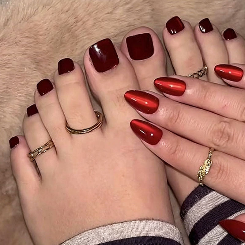 Elegant Autumn Vibes Medium Almond Dark Red Press On Nail Set with Glossy Finish