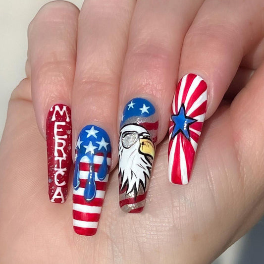 America The Beautiful Long Coffin Red White And Blue 4th Of July Press On Nails