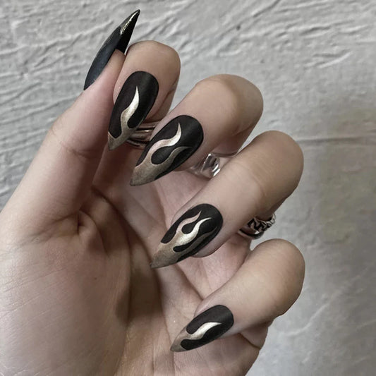 The Operation Short Almond Black Flames Press On Nails