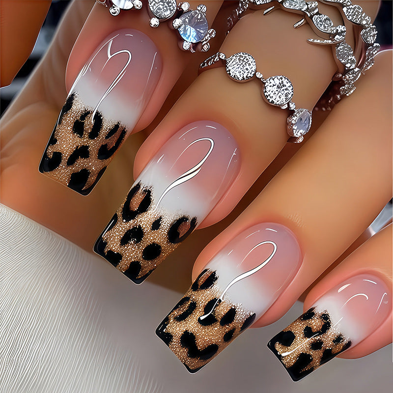 Wild Safari Stunning Long Square Beige and Black Leopard Print with Glittering Accent Tips Press-On Nail Set