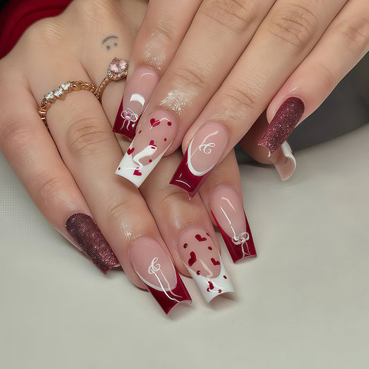 Romantic Hearts Long Square Burgundy and White Press-On Nail Set with Glitter Accents
