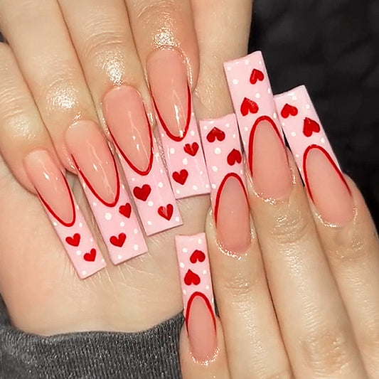 Romantic Delight Long Square Pink with Playful Heart Design Press-On Nail Set