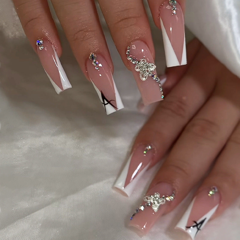 Glamorous Elegance Long Square Pink and White Nails with Rhinestone Accents
