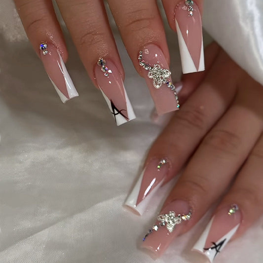 Glamorous Elegance Long Square Pink and White Nails with Rhinestone Accents