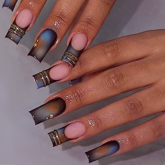 Glamorous Twilight Long Square Ombre Nails with Luxurious Metallic Accents