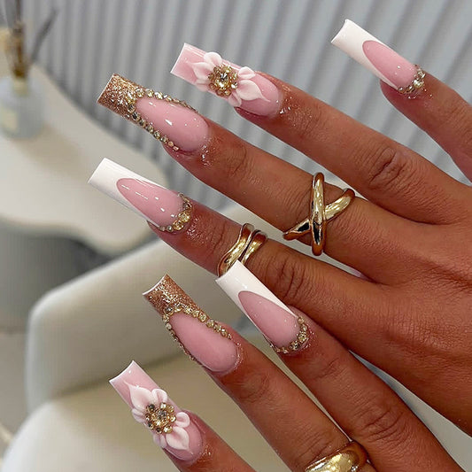 Elegant Blossom Dream Long Square Pink and White Nail Set with Glitter and Floral Accents