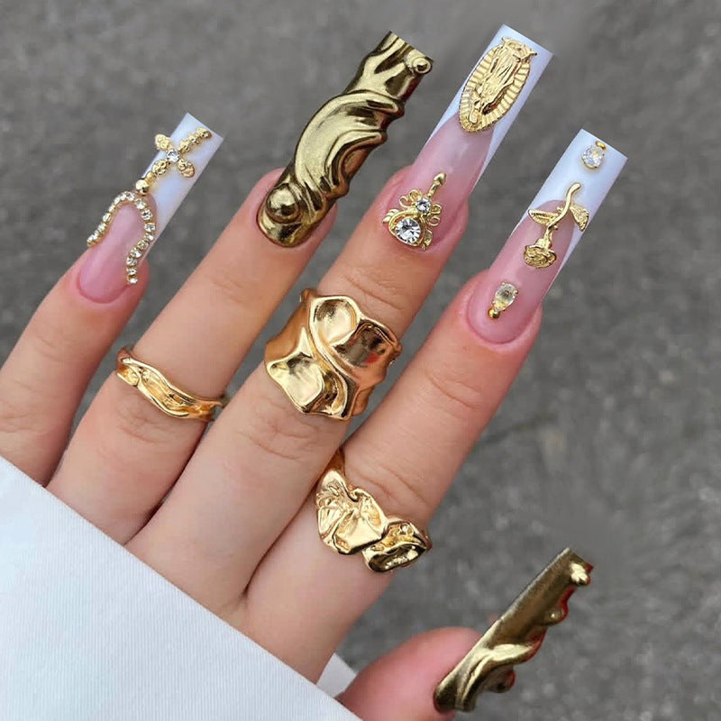 Glamorous Gold Dream Long Square Ombre Nail Set with Unique Sculptural Accents