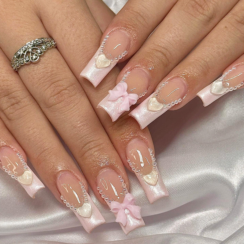 Romantic Elegance Long Square Pink Press-On Nail Set with Charming Heart and Bow Embellishments