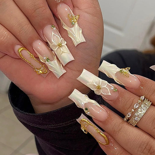 Ethereal Garden Long Square White Nails with Floral Embellishments