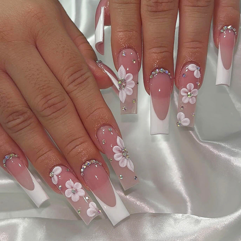Blooming Elegance Extra Long Square Shaped Pink and White Floral Press On Nail Set with Radiant Rhinestones