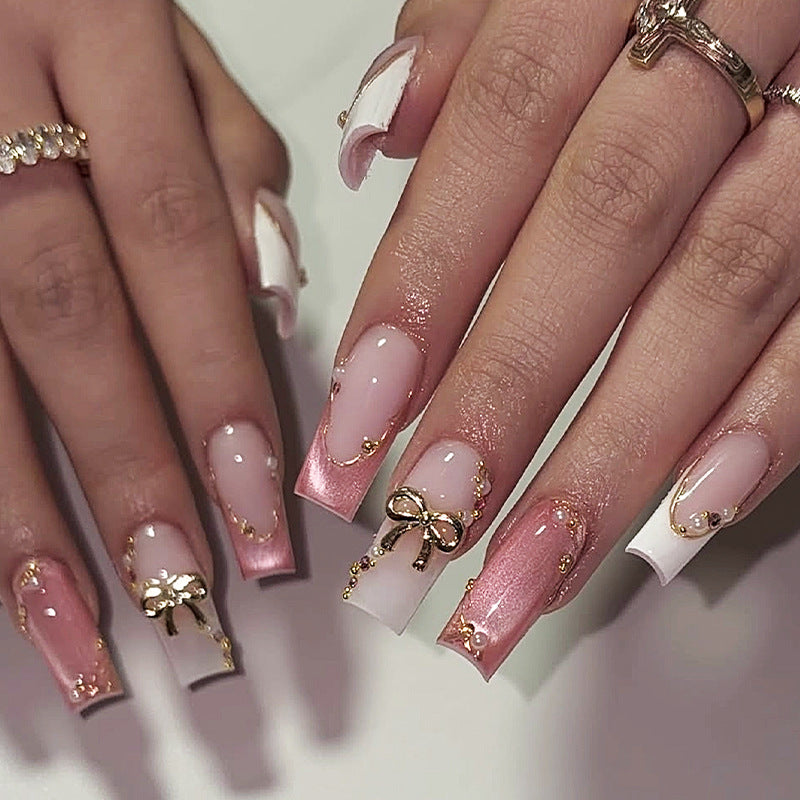 Charming Elegance Long Square Pink and White Press On Nail Set with Gold Bow and Pearl Accents