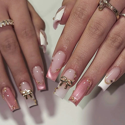 Charming Elegance Long Square Pink and White Press On Nail Set with Gold Bow and Pearl Accents
