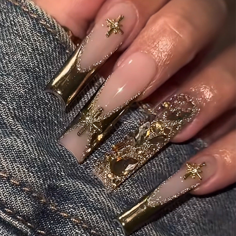 Glamorous Starry Night Long Square Pink with Gold Glitter Accent Press On Nail Set