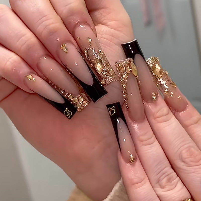 Glamorous Black and Gold Long Square Press on Nail Set with Stunning Glitter Accents