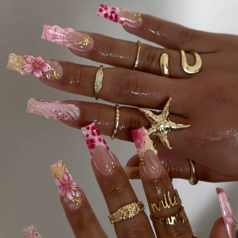Tropical Blossom Long Square Pink Floral Press On Nail Set