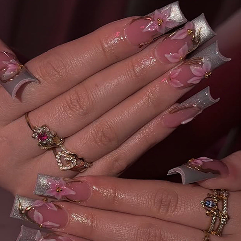 Elegant Blossom Long Square Pink Floral Press On Nail Set with Glittering Tips