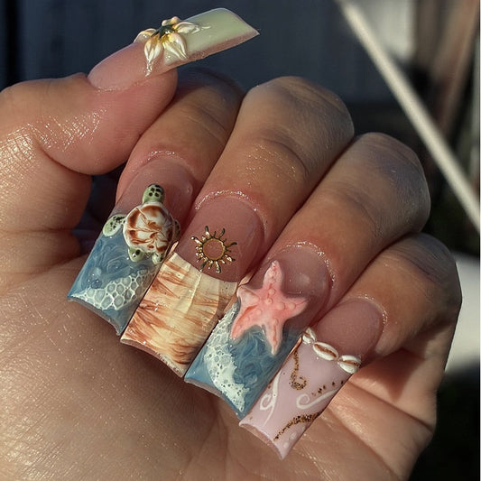 Beachy Vibes Long Square Turquoise and Peach with Seashell Accents Press On Nail Set