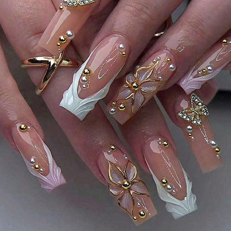 Elegant Floral Dream Long Square Beige with Gold Accents Press-On Nail Set