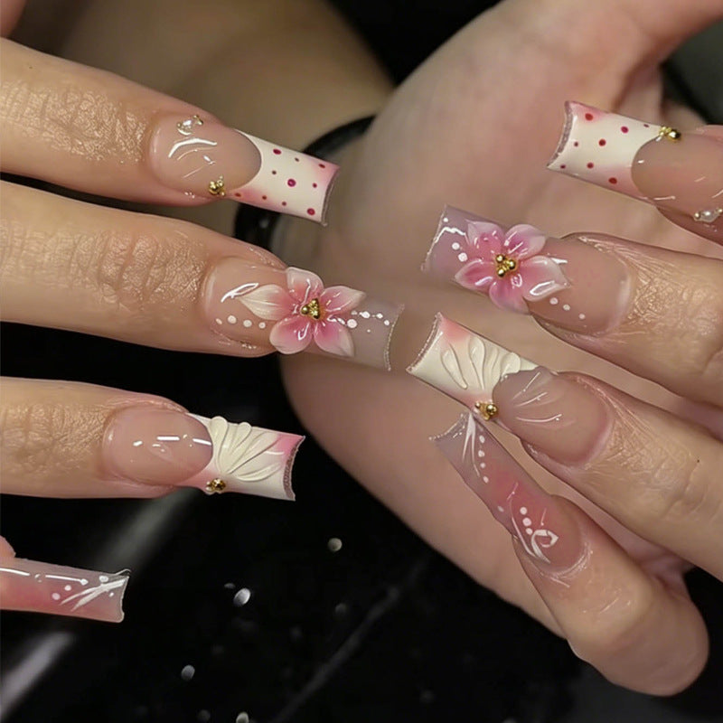 Blossom Elegance Long Square Pink Floral Press On Nail Set with Golden Accents