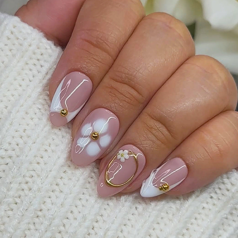 Whimsical Floral Elegance Medium Almond Pink Press On Nail Set with Gold Accents and Artistic Designs