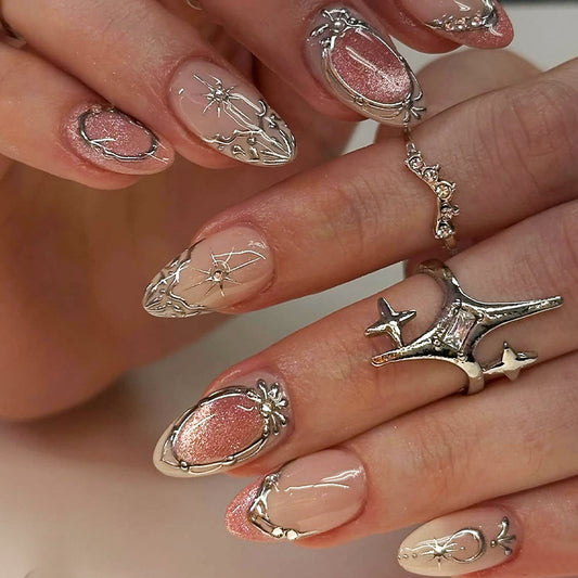 Celestial Dream Press On Nail Set Long Almond Shaped Soft Pink with Dazzling Metallic Accents