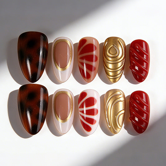 Elegant Autumn Flair Glossy Short Almond Amber and Ruby Design Press On Nail Set