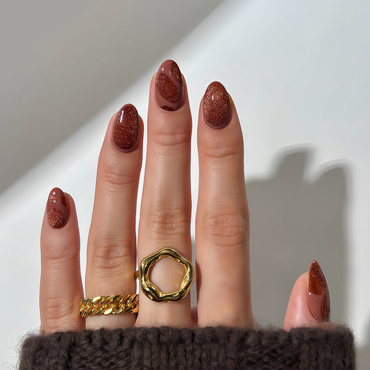 Glistening Autumn Bliss Short Almond Shaped Rich Red Nails with Sparkling Glitter Finish