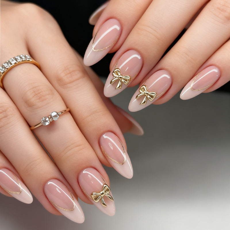 Chic Elegance Medium Almond Pink with Gold Bow Accents Press-On Nail Set