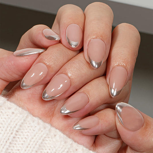 Chic Elegance Medium Almond Beige with Silver Tip Shine Press-On Nail Set