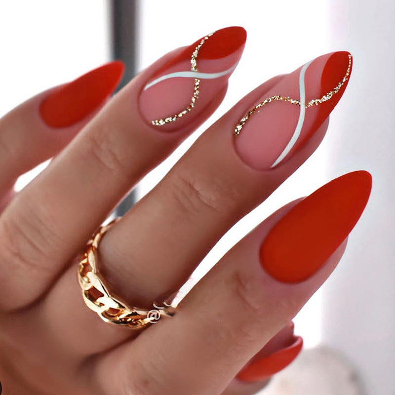 Boho Chic Long Almond Red and Beige Press-On Nail Set with Sparkling Gold Accents