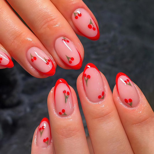 Cherry Blossom Inspired Medium Almond Shaped Long Red French Tip Nail Set with Floral Accents