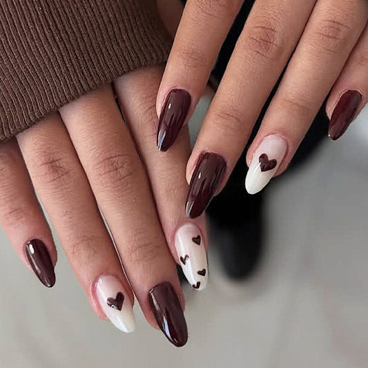 Romantic Heartfelt Long Almond Burgundy and White Nail Set with Charming Heart Accents