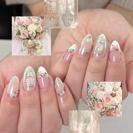 Blossoming Garden Romantic Medium Almond Shape Pink and White Floral Design Press On Nail Set