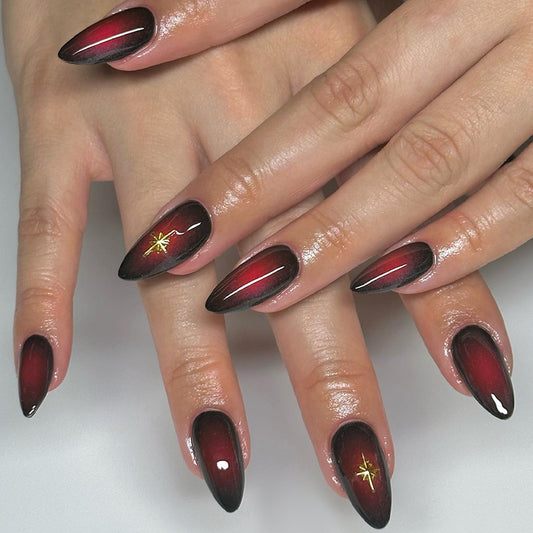 Gothic Elegance Long Almond Gradient Red to Black Press On Nail Set with Dazzling Gold Accent