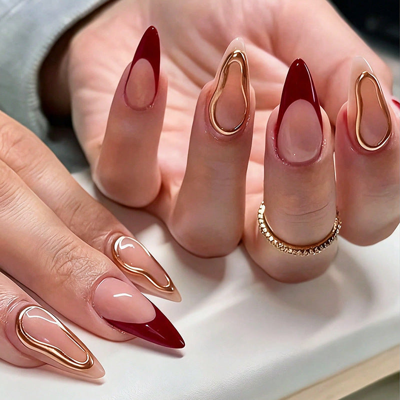 Glamorous Vibes Long Almond Burgundy and Beige Press On Nails with Unique Gold Flow Accent