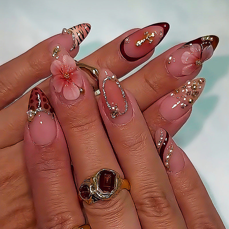 Elegant Garden Dream Pink Long Almond Shaped Gradient Nails with Floral and Gem Accents
