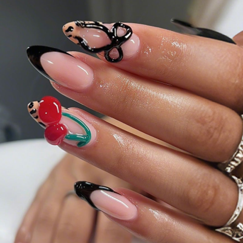 Cherry Blossom Chic Long Almond Black and Pink Glossy with Floral Design Press-On Nail Set