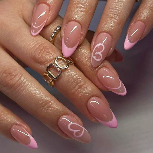 Romantic Charm Elegant Long Almond Shaped Blush Pink Press-On Nail Set with Stylish Heart Design