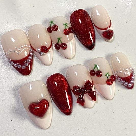 Cherry Blossom Dream Medium Almond Red Glitter and Chic Bow Press On Nail Set