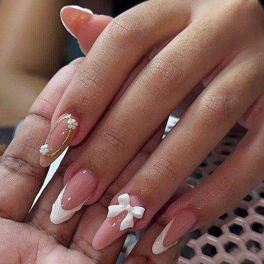 Whimsical Elegance Long Almond Pink and White Press On Nail Set with Decorative Bows and Floral Accents