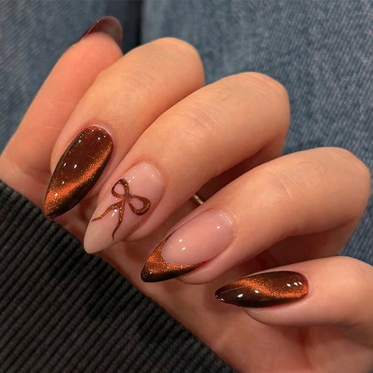 Charming Autumn Elegance Long Almond Gradient Brown with Glitter Bow Accent Press On Nail Set