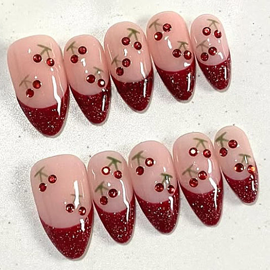 Cherry Blossom Elegance Long Almond Pink and Red with Sparkling Accents Press On Nail Set