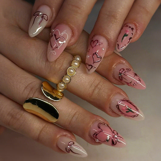 Romantic Charm Long Almond Shaped Soft Pink with Heart and Bow Designs Press on Nail Set