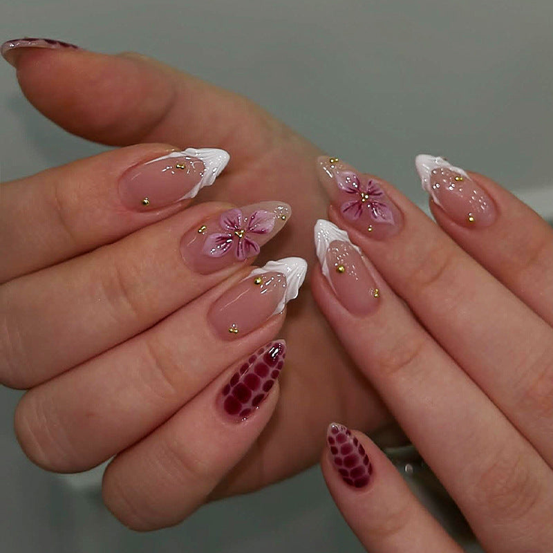 Whimsical Garden Long Almond Pink and White Floral Nail Set with Glitter Accents