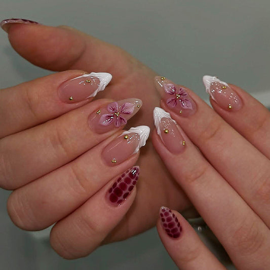 Whimsical Garden Long Almond Pink and White Floral Nail Set with Glitter Accents