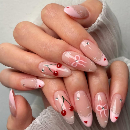 Cherry Blossom Dream Long Almond Shaped Pink Press On Nails with Charming Bow and Gemstone Accents